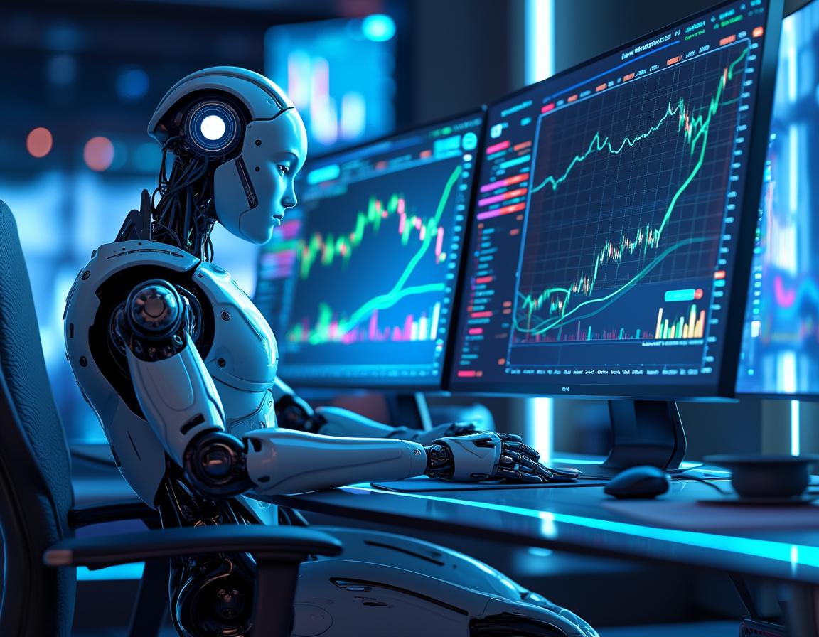 A humanoid AI trading bot at a high-tech workstation analyzing market data on multiple screens.