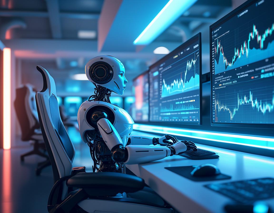 A humanoid AI trading bot at a high-tech workstation, analyzing screens showing market data trends.