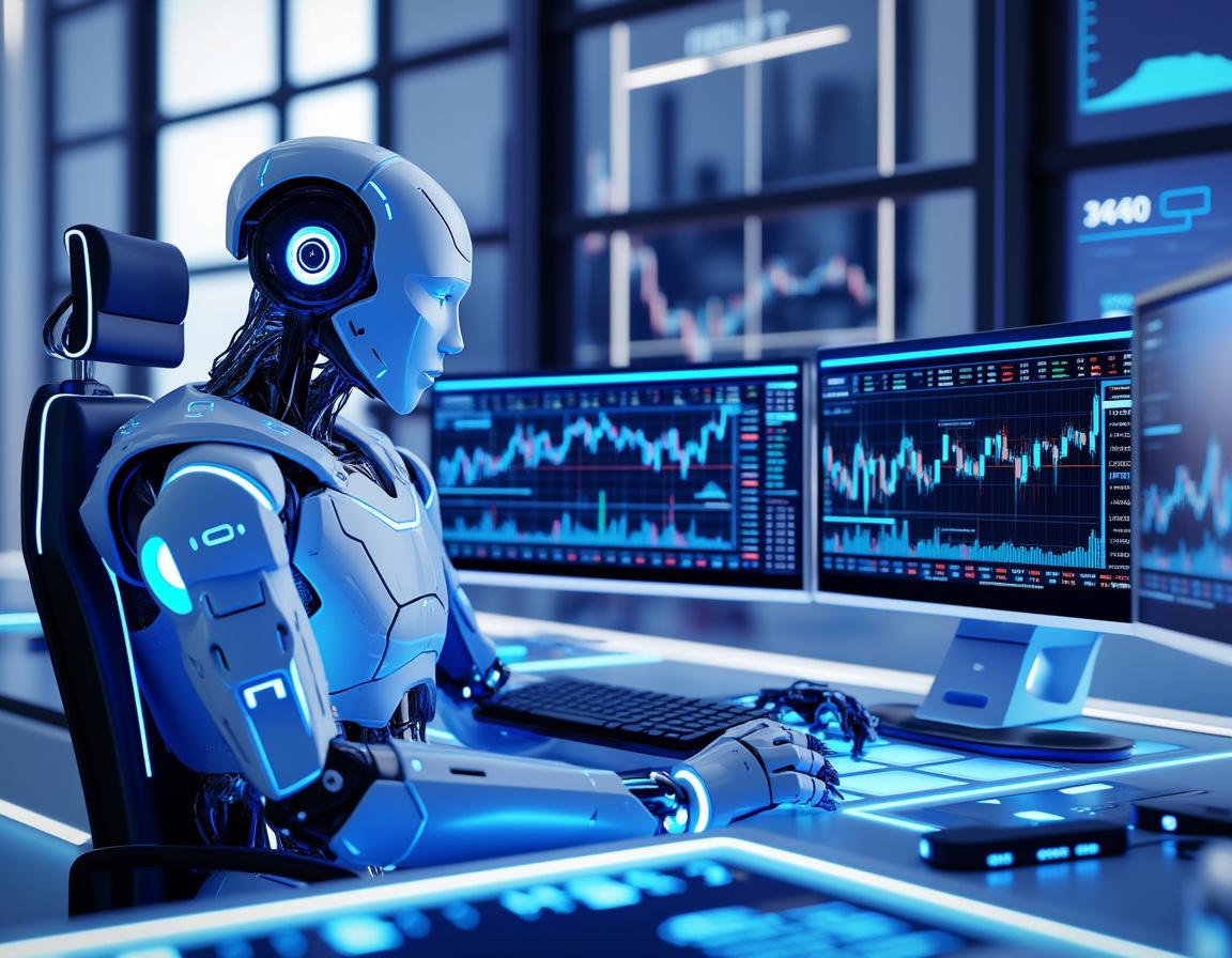 A hyper-realistic AI trading bot analyzes market data at a sleek workstation with dynamic screens.