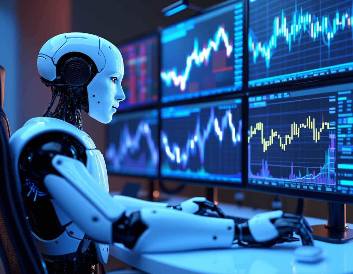 A sleek humanoid AI trading bot at a high-tech workstation analyzes market data on multiple screens.