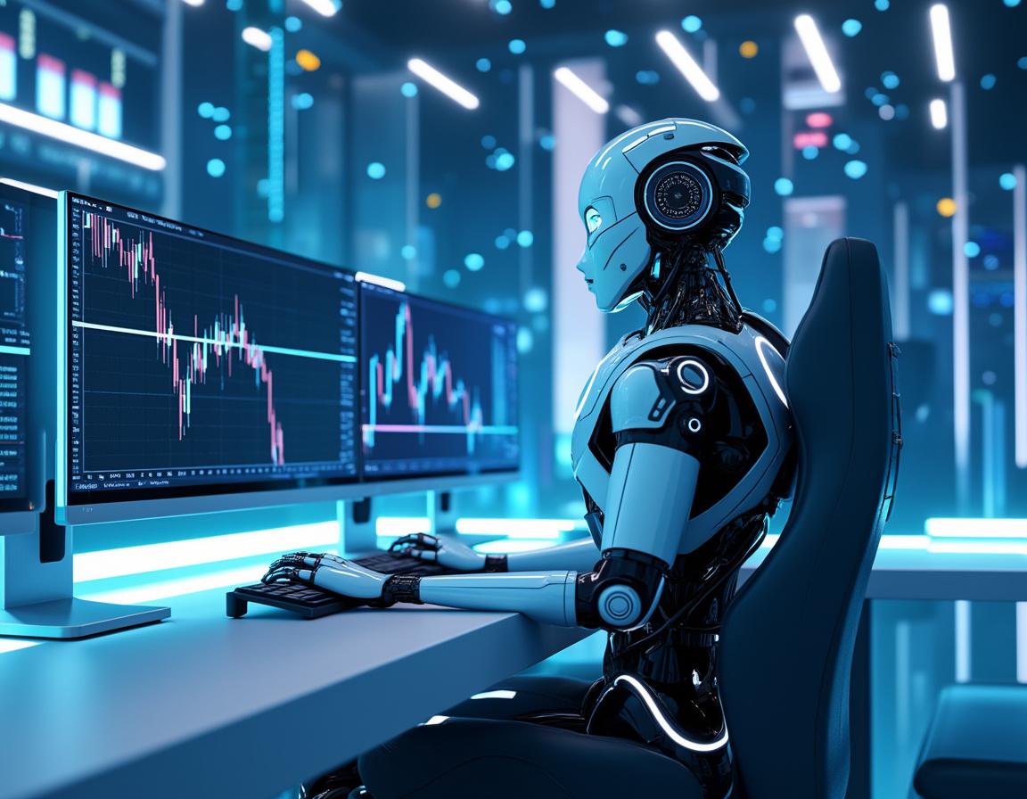 A hyper-realistic AI trading bot at a workstation, analyzing market data on multiple screens.