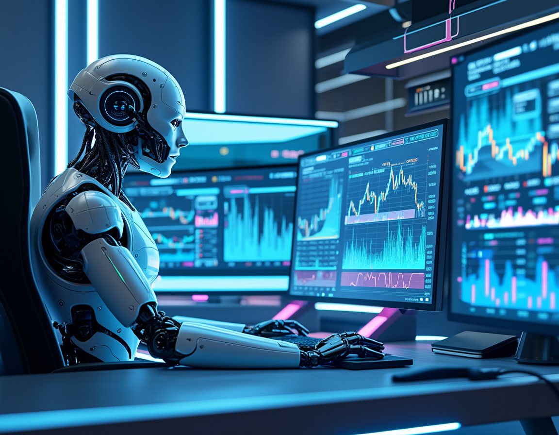A hyper-realistic AI trading bot at a workstation analyzing market data in a futuristic environment.