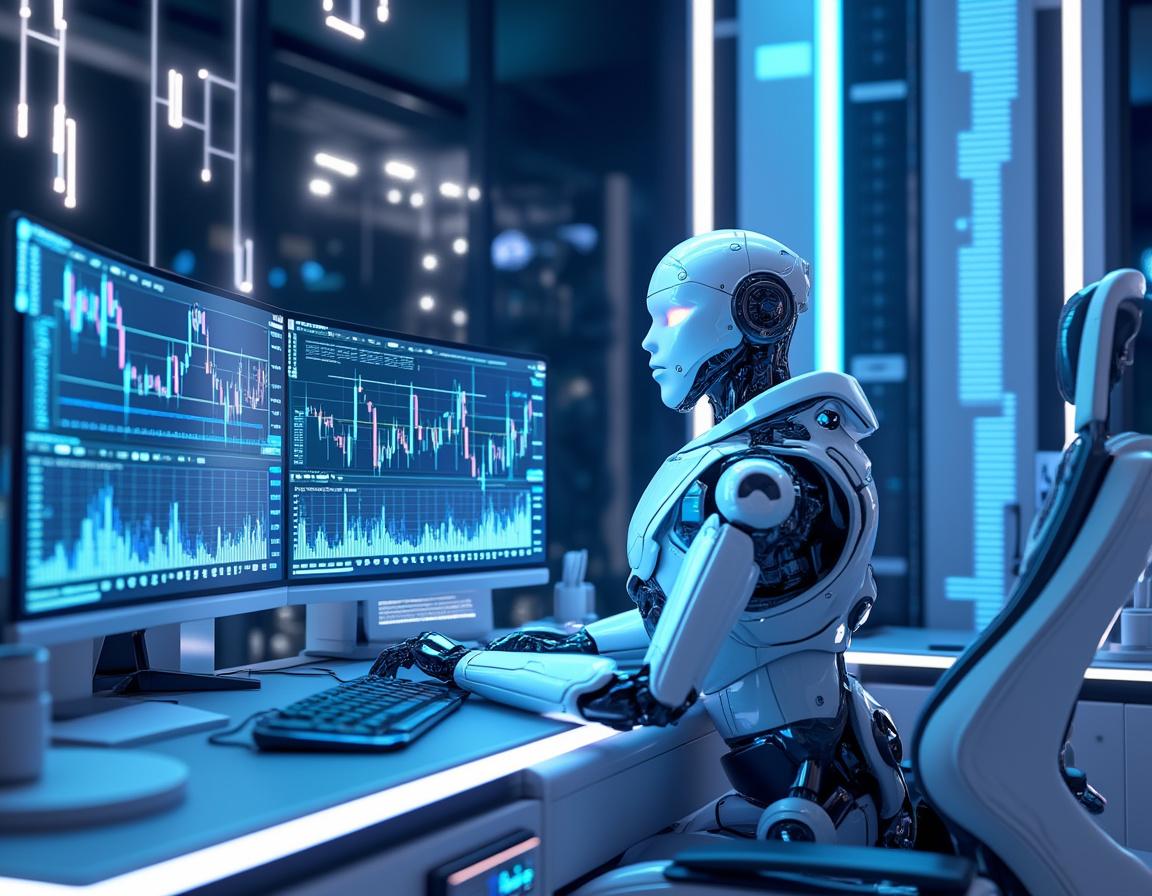 A hyper-realistic AI trading bot at a workstation, analyzing market data across multiple screens.