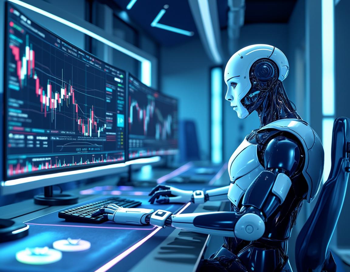 A hyper-realistic AI trading bot in a futuristic setting analyzing market data on multiple screens.