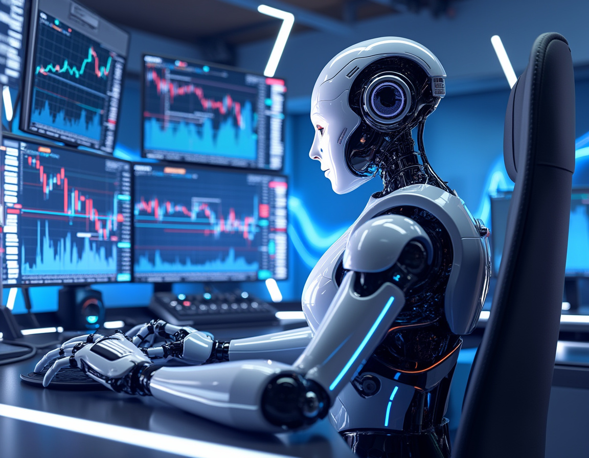 A hyper-realistic AI trading bot at a workstation analyzing market data in a futuristic setting.