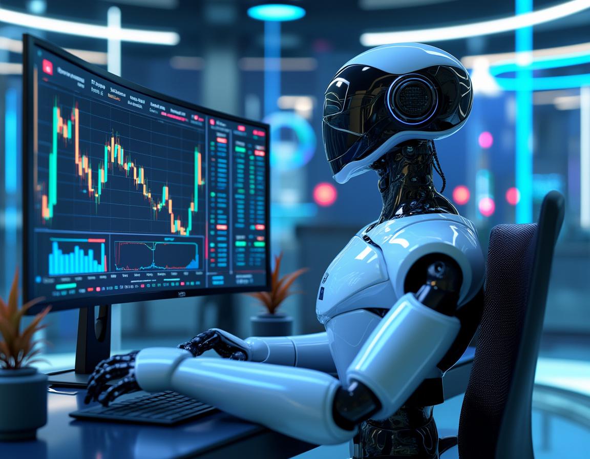 A hyper-realistic AI trading bot in a futuristic setting, analyzing market data on multiple screens.