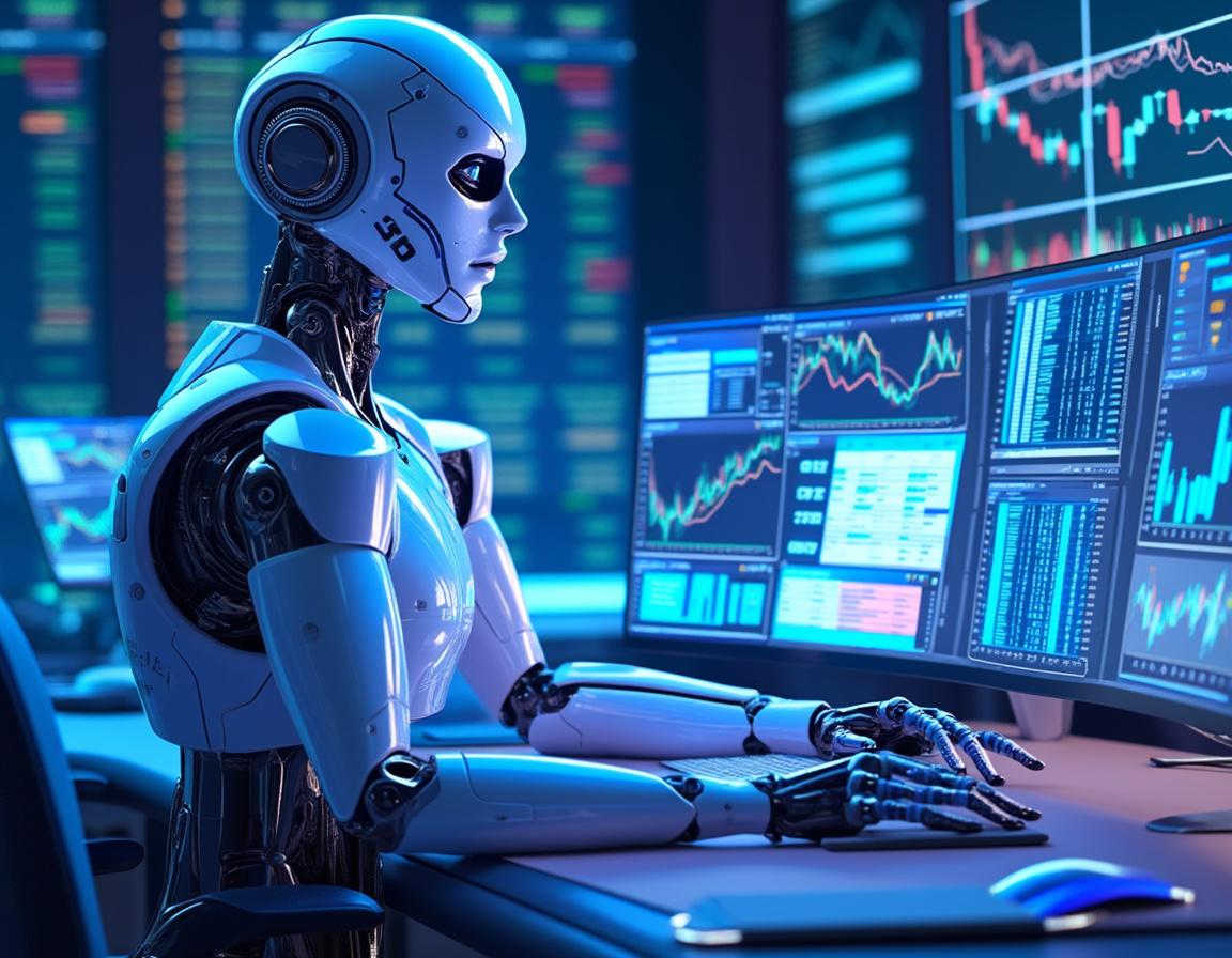A sleek humanoid AI trading bot at a workstation analyzing market data on multiple screens in 3D.
