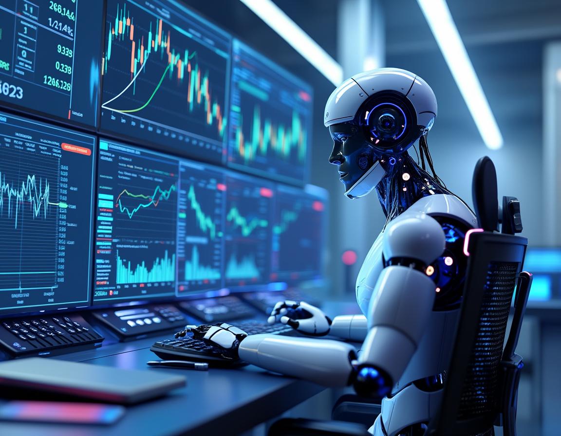 A hyper-realistic AI trading bot analyzes market data on multiple screens in a futuristic setting.