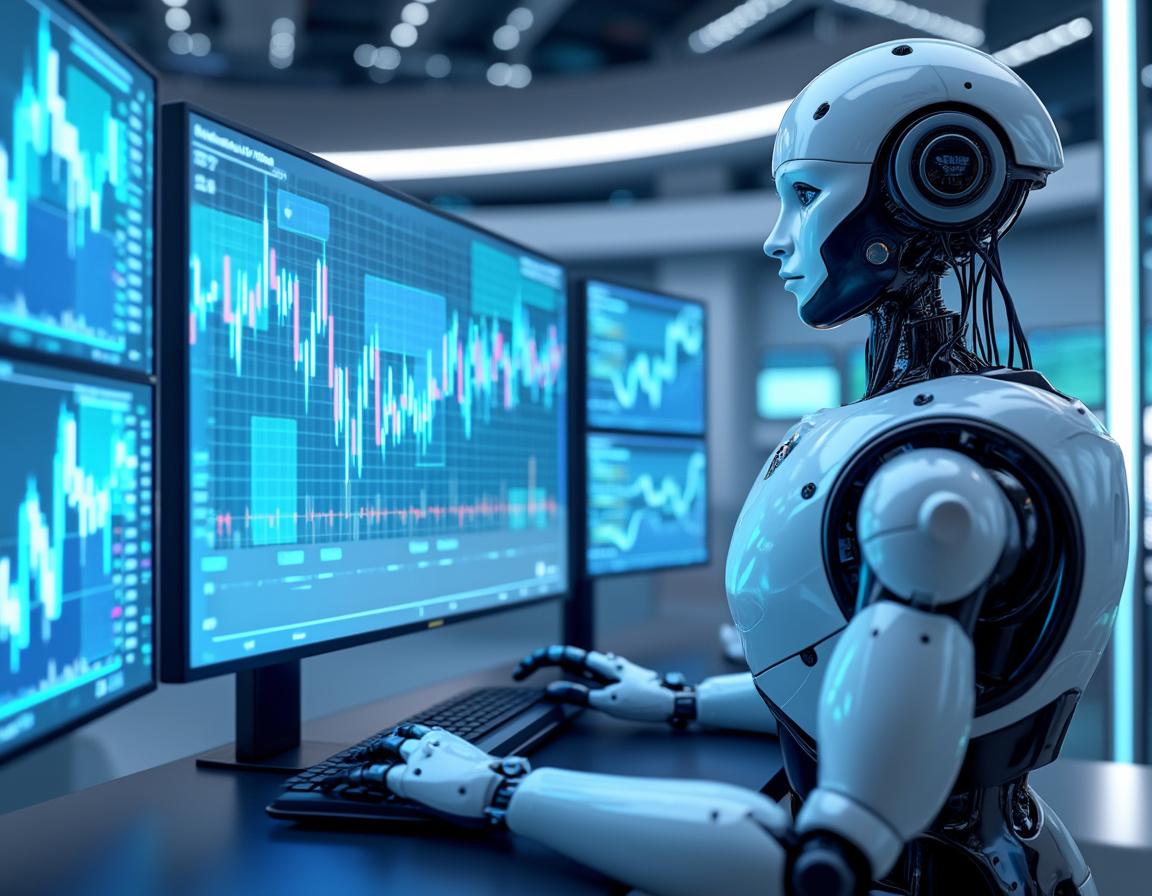 A sleek humanoid AI trading bot at a workstation, analyzing market data across multiple screens.