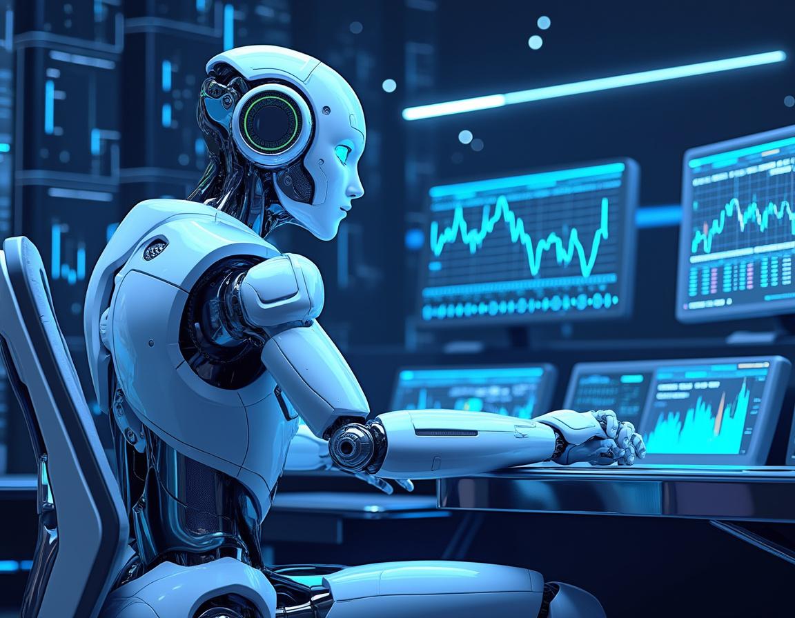 A humanoid AI trading bot sits at a futuristic workstation, analyzing data across multiple screens.