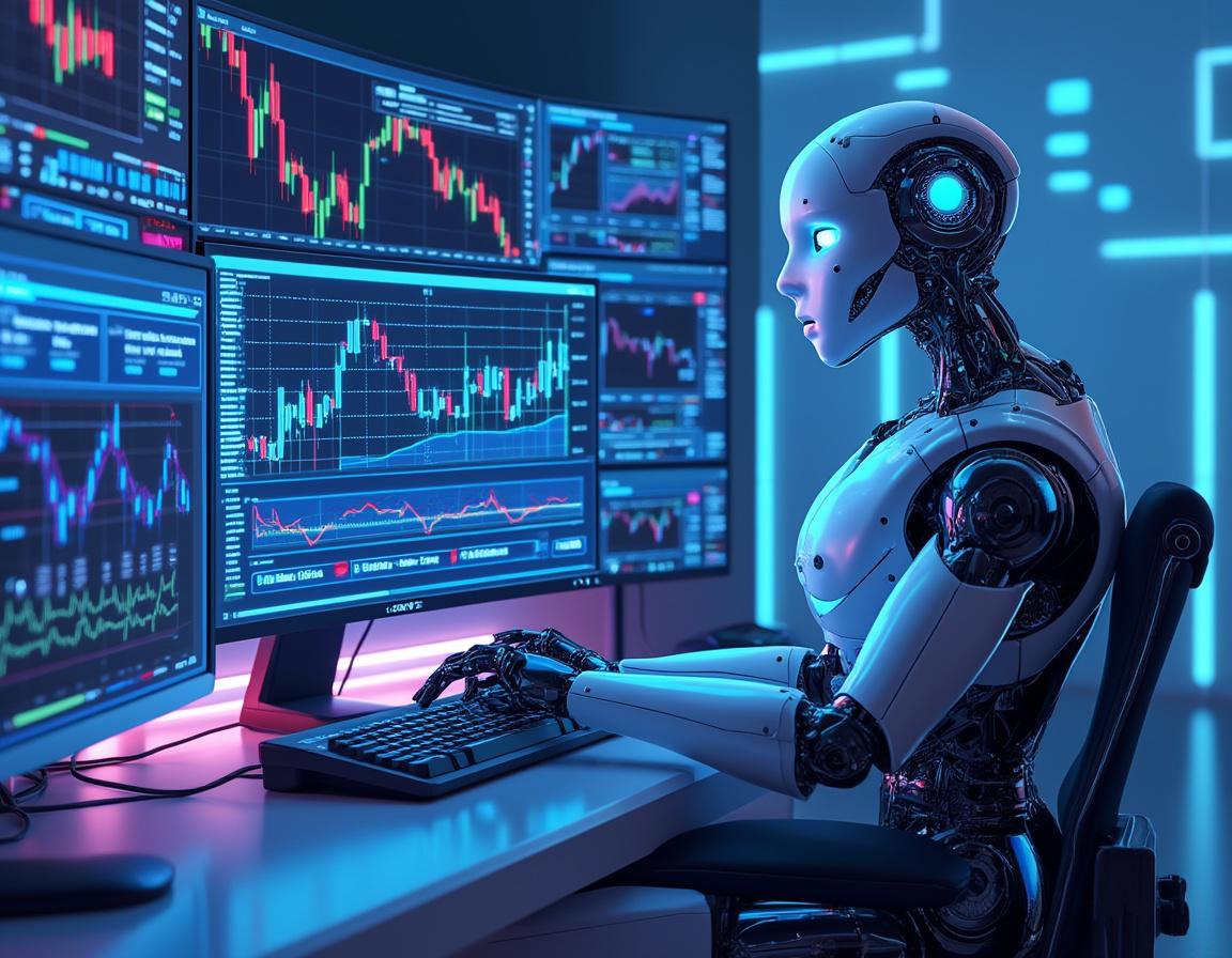 A humanoid AI trading bot analyzes market data at a high-tech workstation with multiple screens.