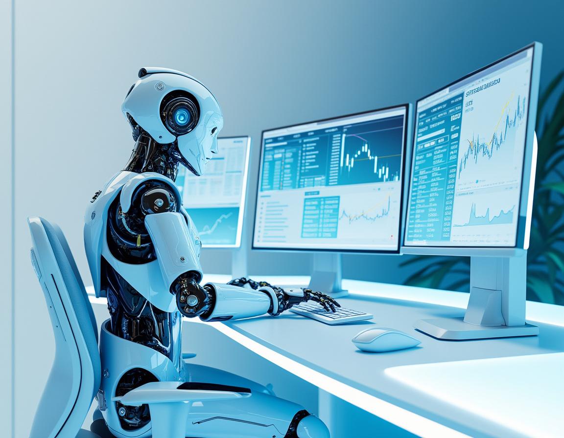 A humanoid AI trading bot at a high-tech workstation analyzing market data on multiple screens.