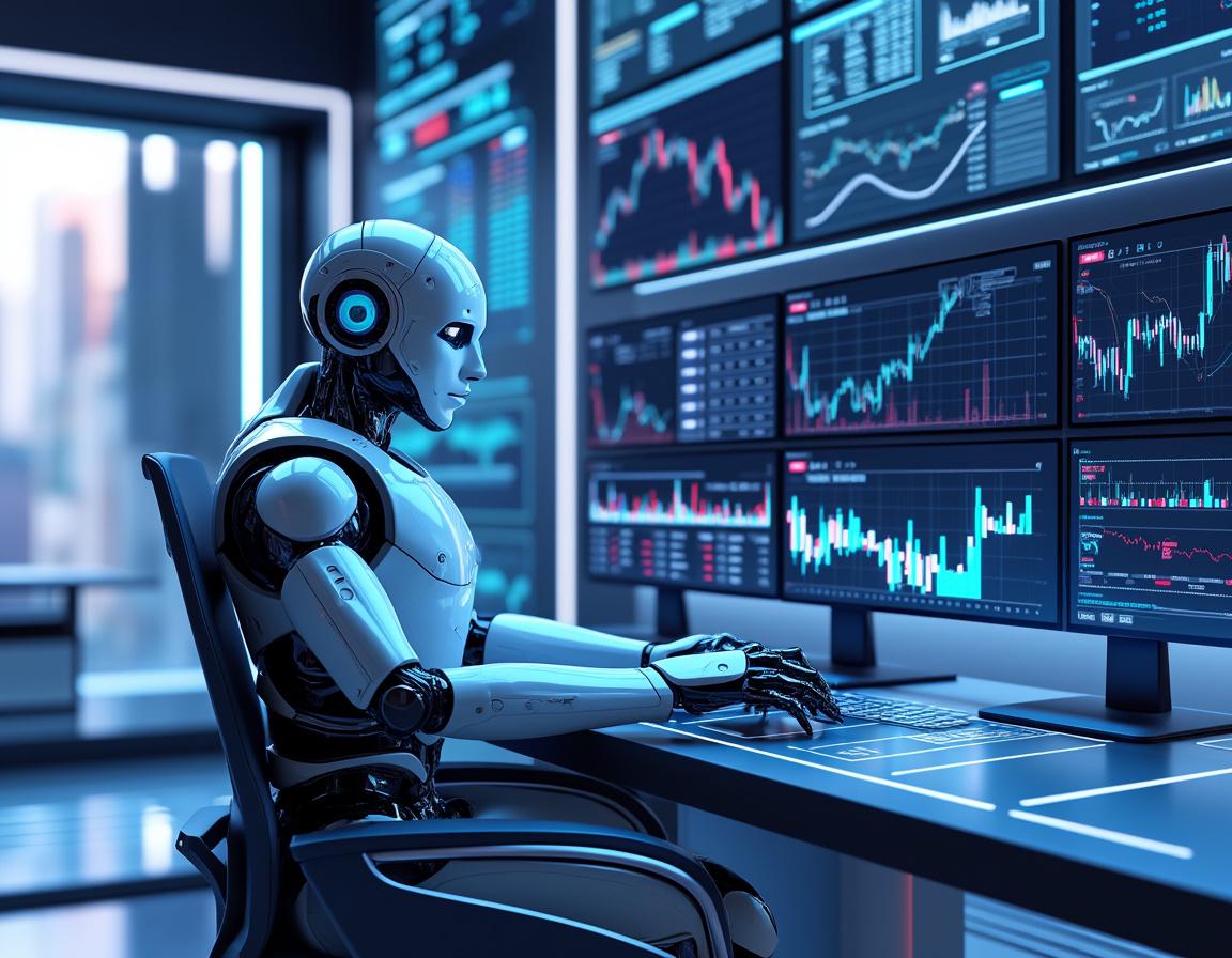 A humanoid AI trading bot analyzes market data at a futuristic workstation with glowing screens.