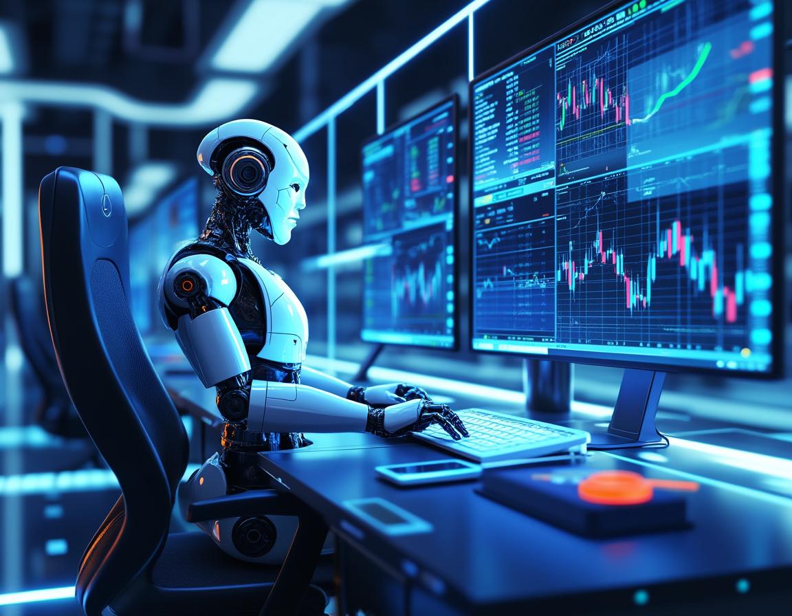 Humanoidalny bot handlowy o sztucznej inteligencji analizuje dane rynkowe na nowoczesnym stanowisku roboczym z wieloma ekranami.