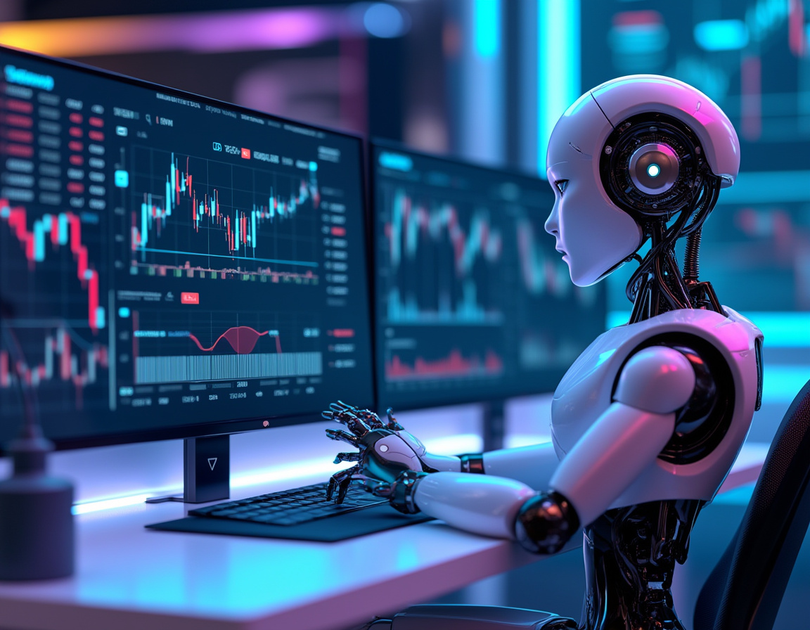 A hyper-realistic AI trading bot at a futuristic workstation, analyzing market data across screens.