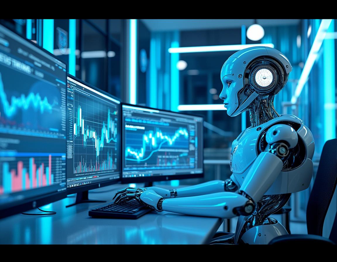 A humanoid AI trading bot analyzes market data at a high-tech workstation with glowing screens.
