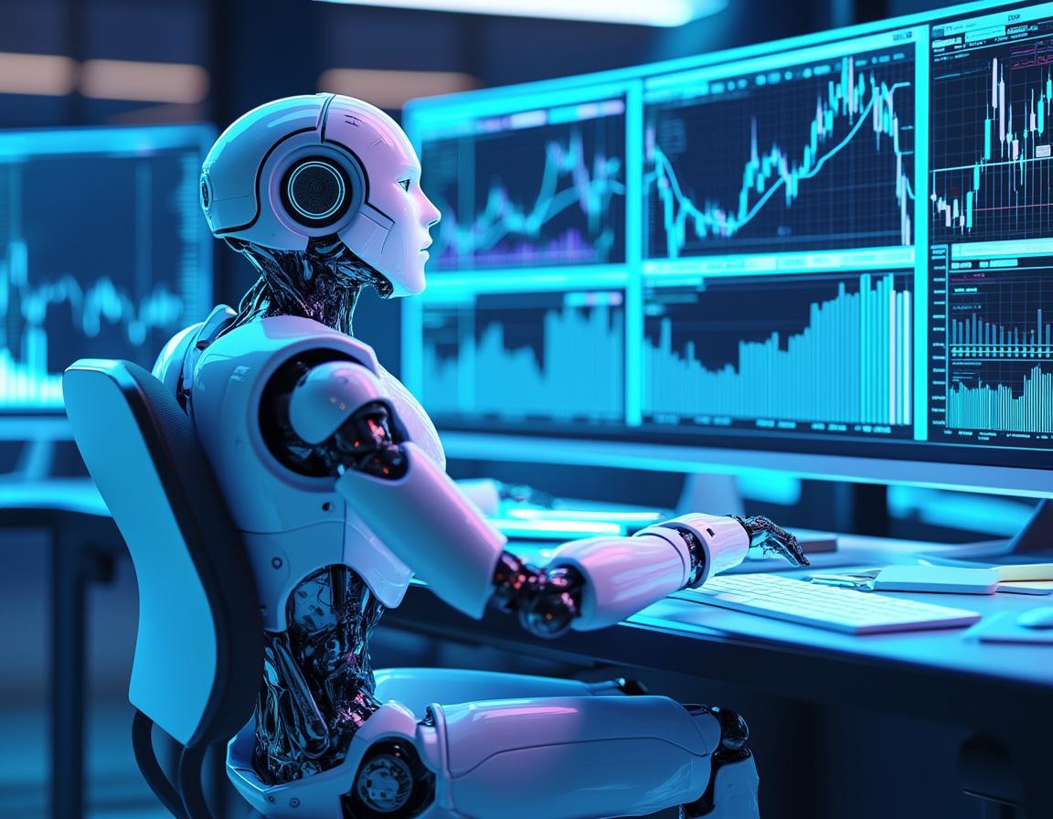 A hyper-realistic AI trading bot in a futuristic setting, analyzing market data on multiple screens.