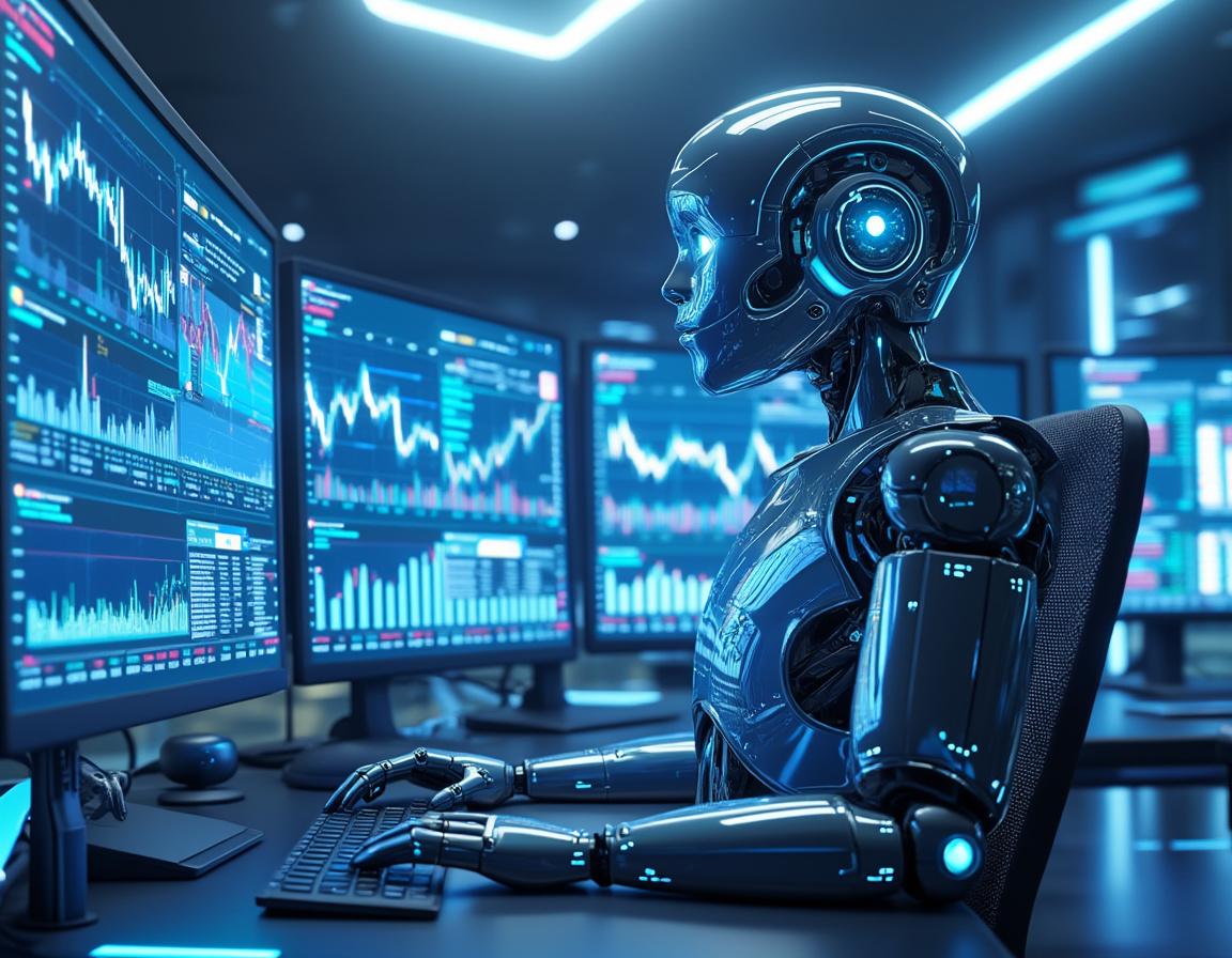 A futuristic AI trading bot analyzes market data at a high-tech workstation with glowing screens.