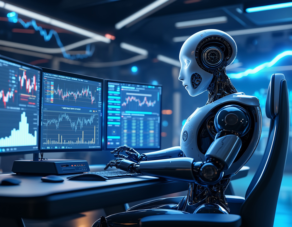 A sleek, humanoid AI trading bot in a high-tech workstation analyzing stock and crypto market data.