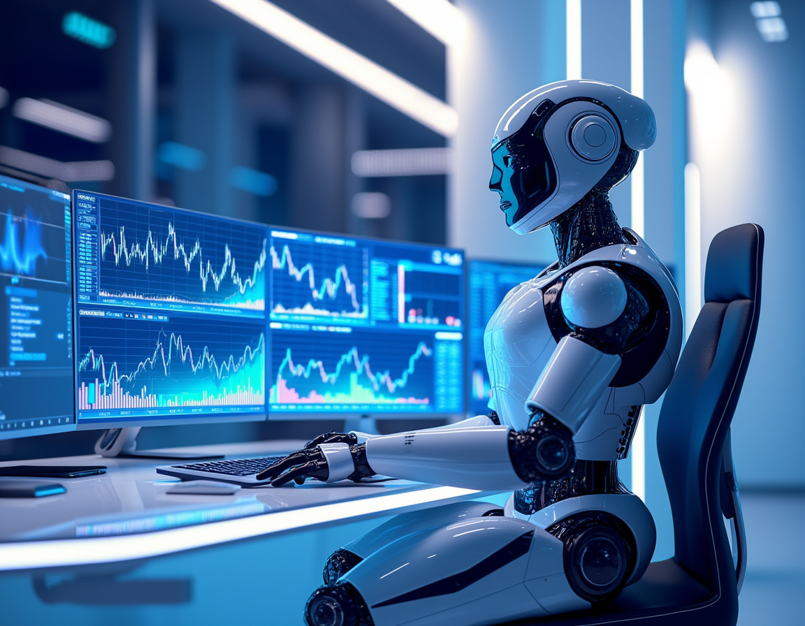 A hyper-realistic AI trading bot analyzes market data at a sleek workstation surrounded by screens.