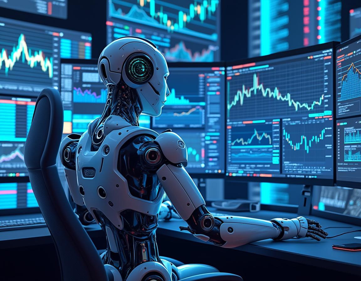 A hyper-realistic AI trading bot at a workstation, analyzing market data across vibrant screens.
