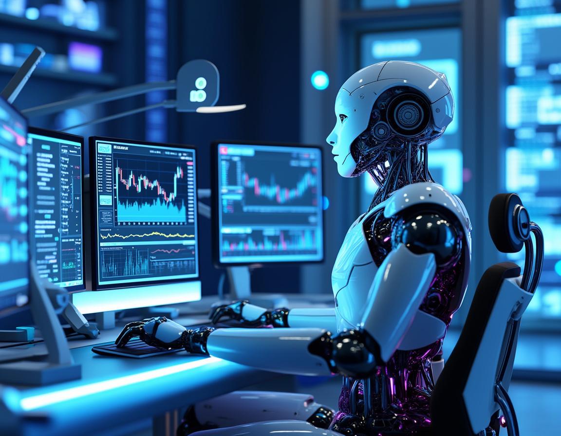 A humanoid AI trading bot at a high-tech workstation analyzing market data on multiple screens.