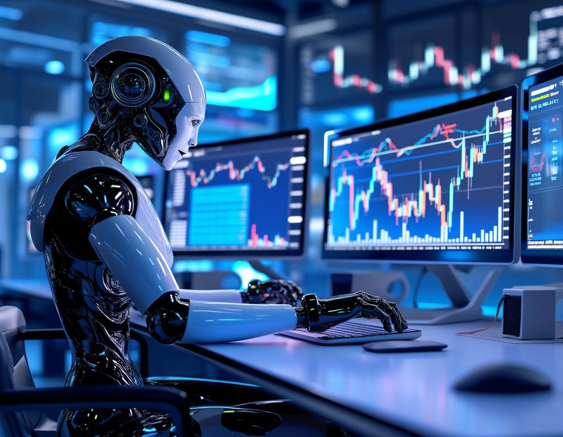 A hyper-realistic AI trading bot in a futuristic environment analyzing stock and crypto market data.