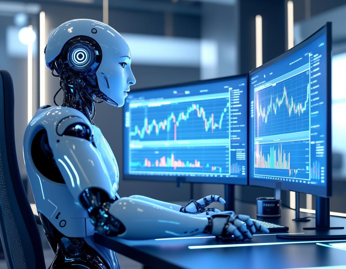 A humanoid AI trading bot at a high-tech workstation analyzing market data across multiple screens.