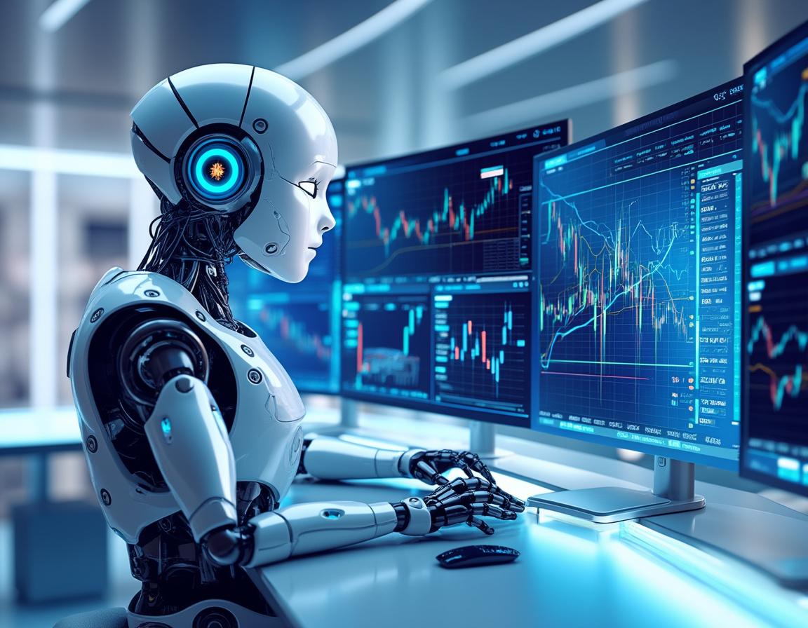 A humanoid AI trading bot at a high-tech workstation analyzes market data on multiple screens.
