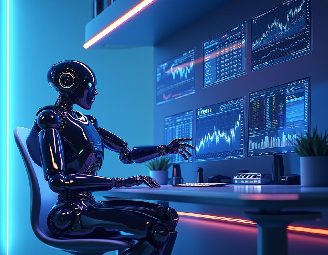 A hyper-realistic AI trading bot at a workstation analyzing market data on multiple screens.