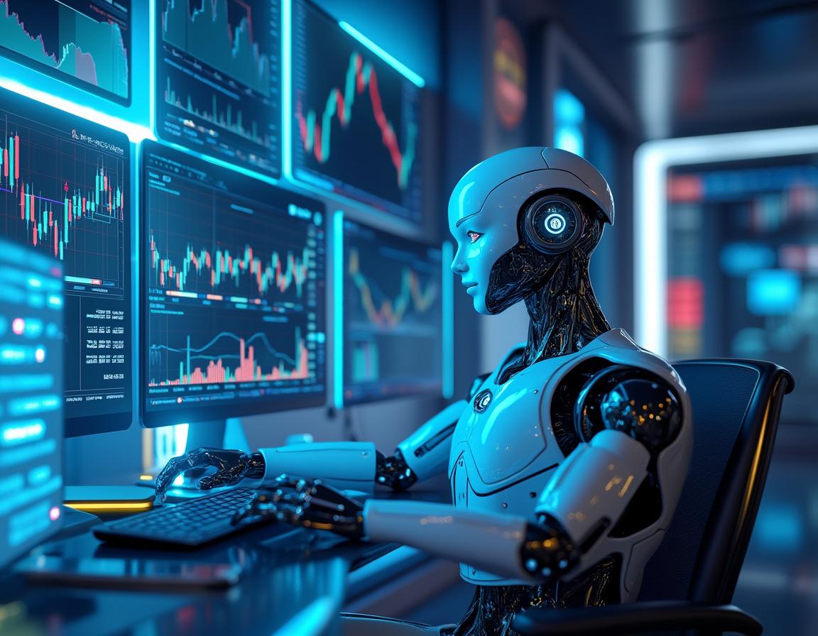 A humanoid AI trading bot analyzes data at a high-tech workstation in a futuristic environment.