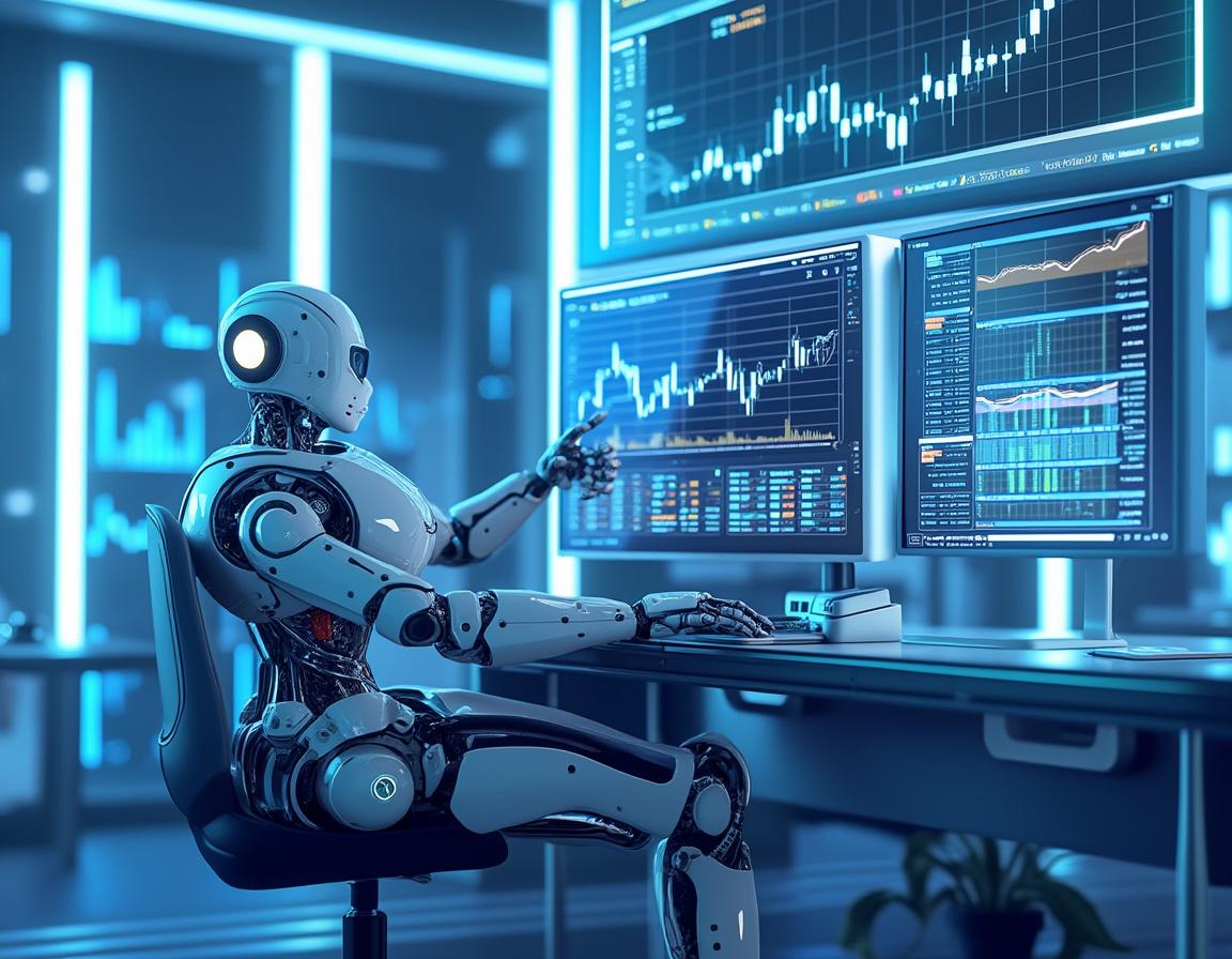 A humanoid AI trading bot at a high-tech workstation analyzing market data on multiple screens.