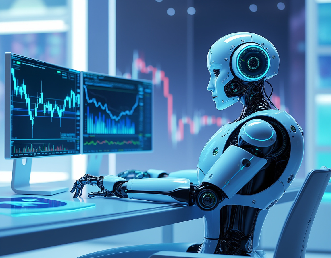 A futuristic AI trading bot analyzes market data at a high-tech workstation with multiple screens.