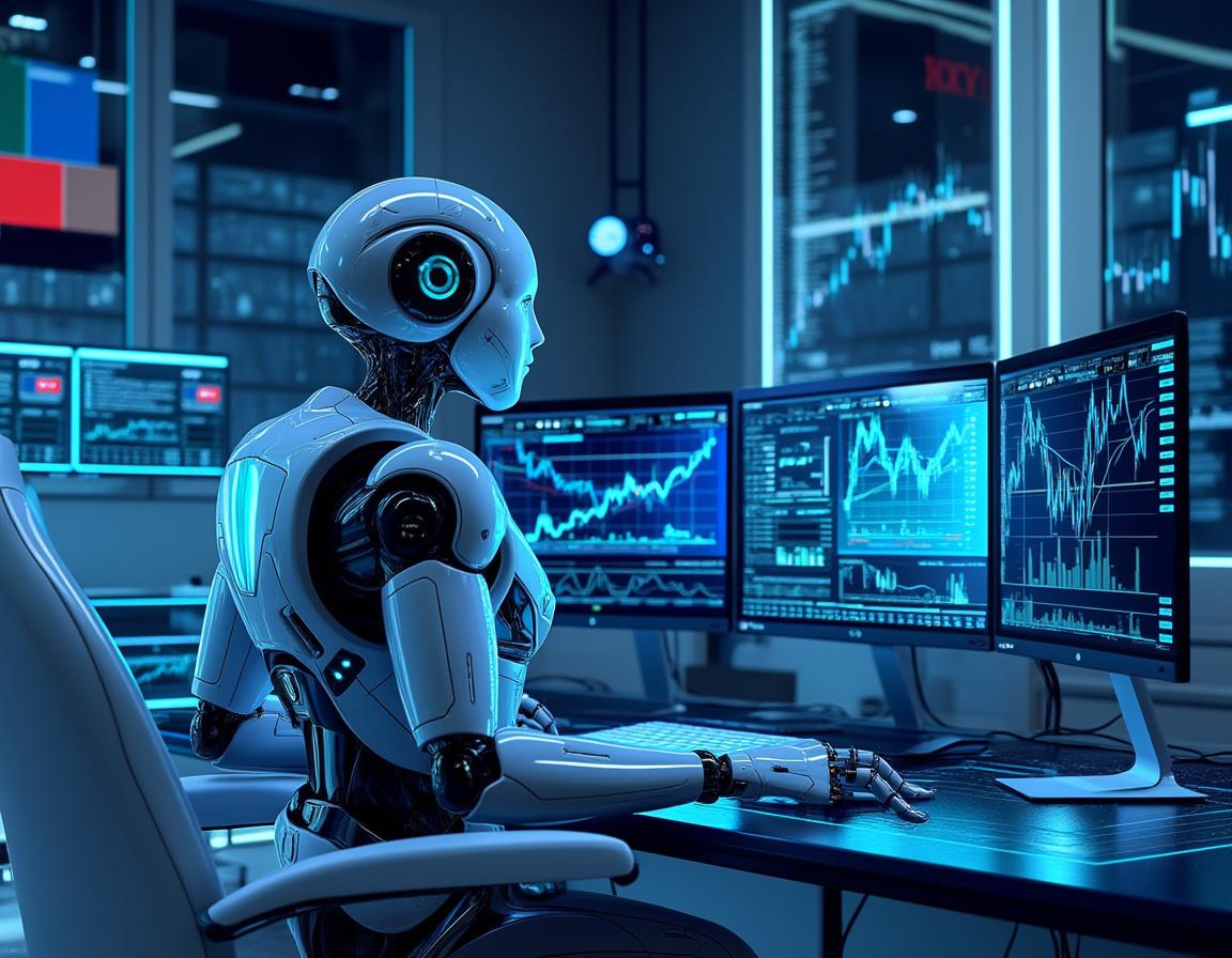 A sleek humanoid AI trading bot at a workstation, analyzing markets on multiple high-tech screens.