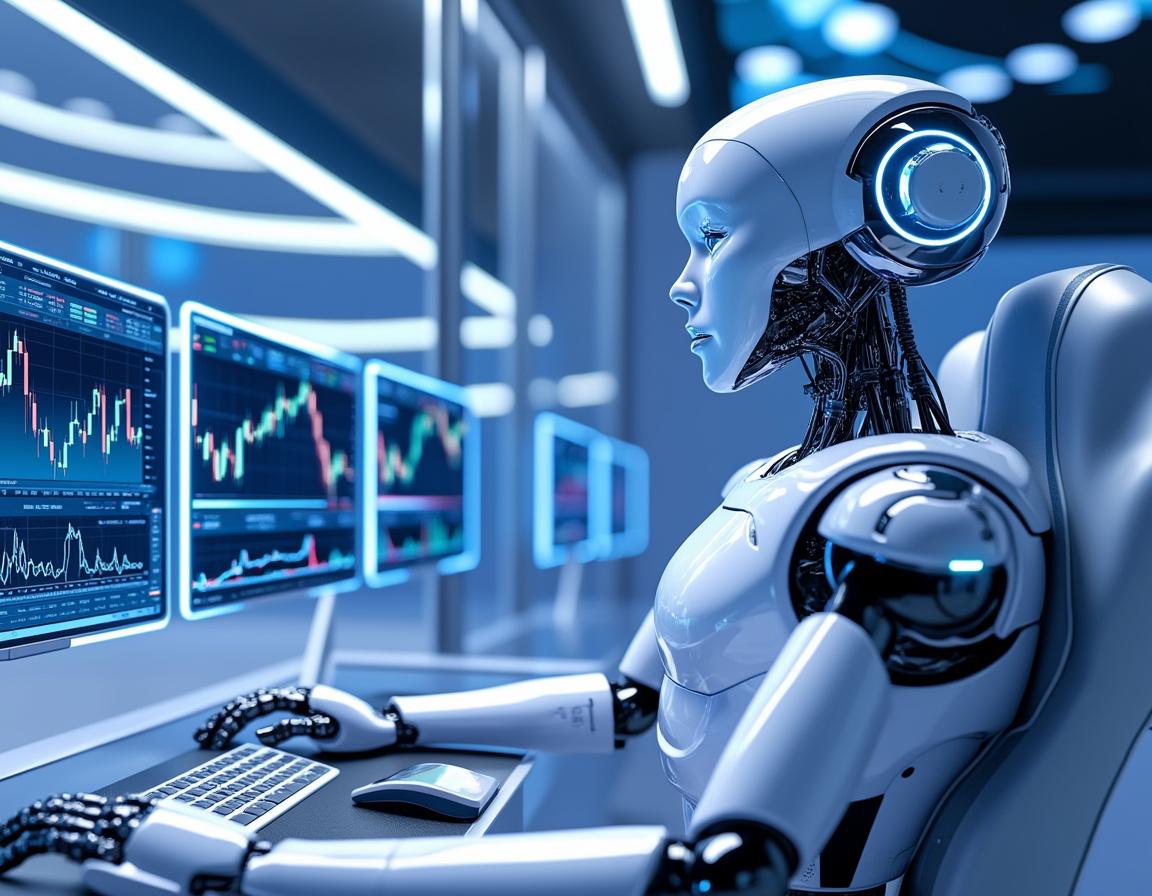 A hyper-realistic AI trading bot at a workstation analyzing stock and crypto market data on screens.