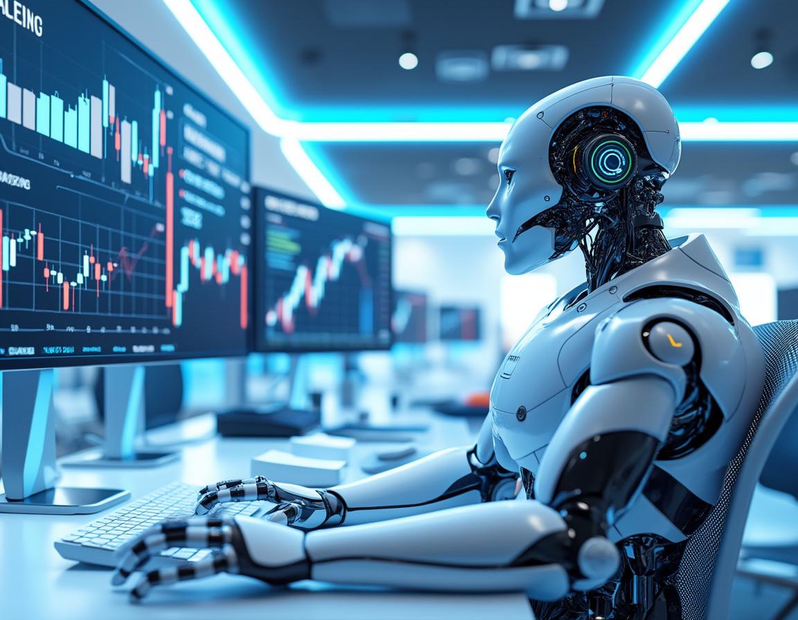 A humanoid AI trading bot analyzes market data at a high-tech workstation with multiple screens.