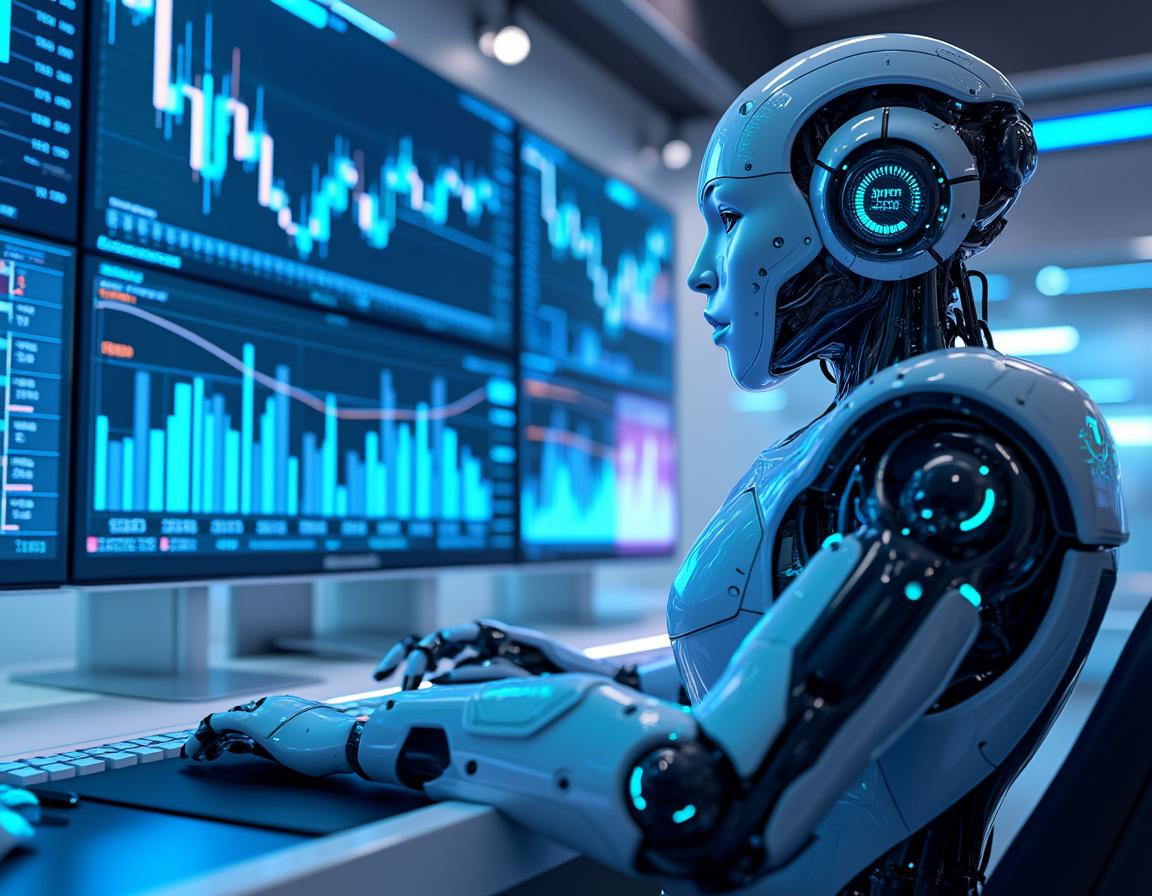 A humanoid AI trading bot at a high-tech workstation analyzing market data across multiple screens.