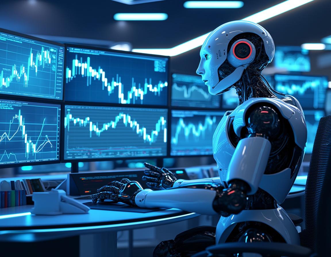 A humanoid AI trading bot analyzes market data at a high-tech workstation with multiple screens.