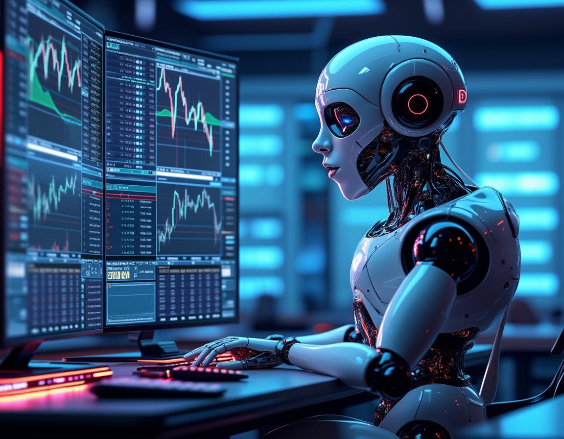 A humanoid AI trading bot at a high-tech workstation analyzing market data on multiple screens.