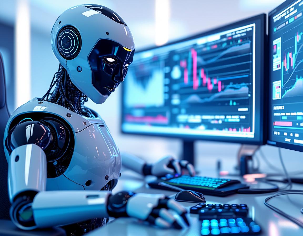 A hyper-realistic AI trading bot at a workstation, analyzing market data across multiple screens.