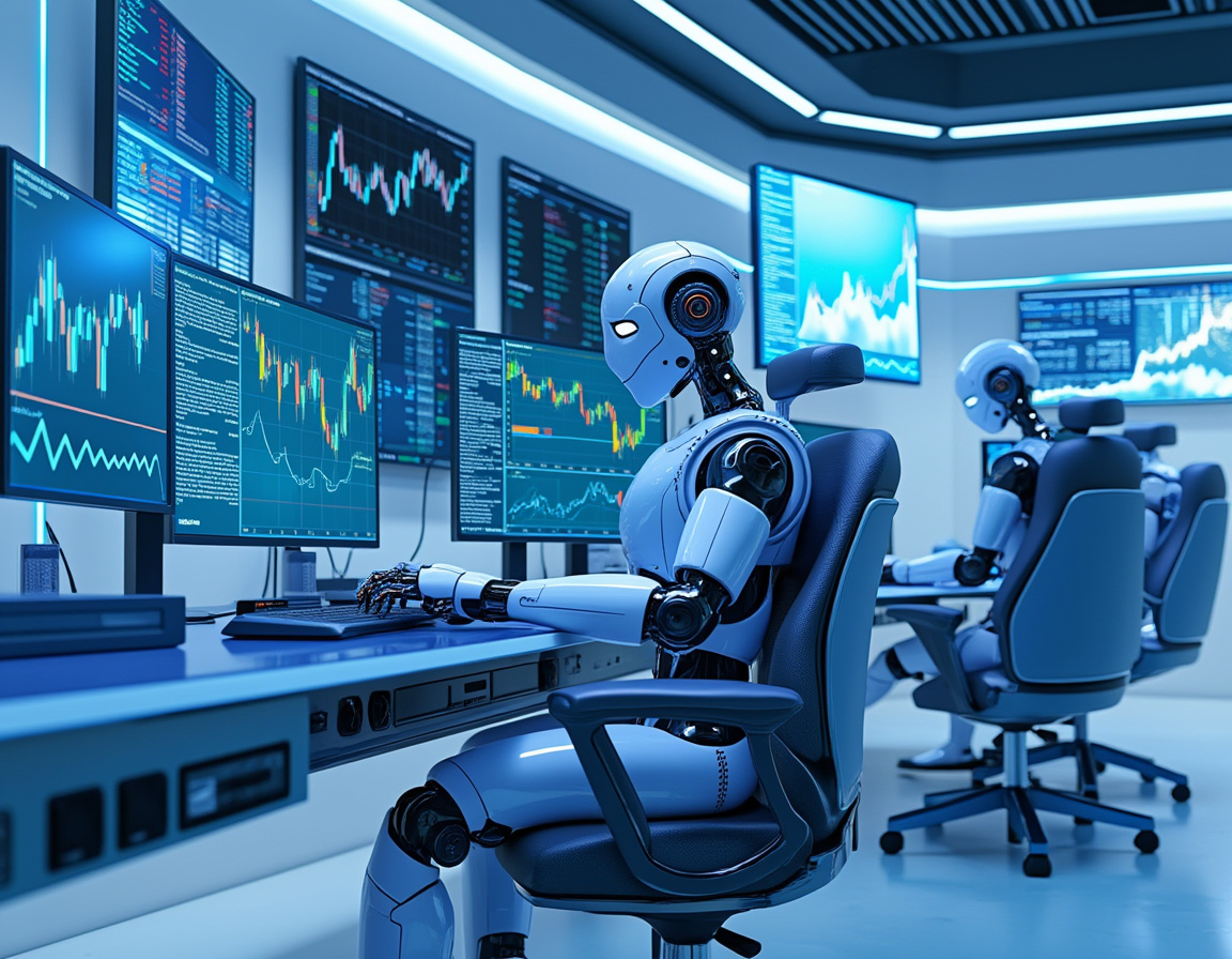 A humanoid AI trading bot works at a high-tech station analyzing market data on multiple screens.