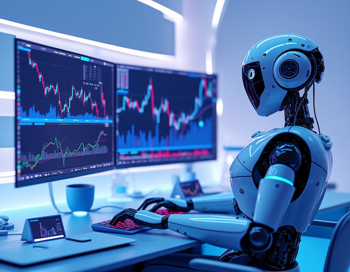 A hyper-realistic AI-powered trading bot analyzes market data in a futuristic trading environment.
