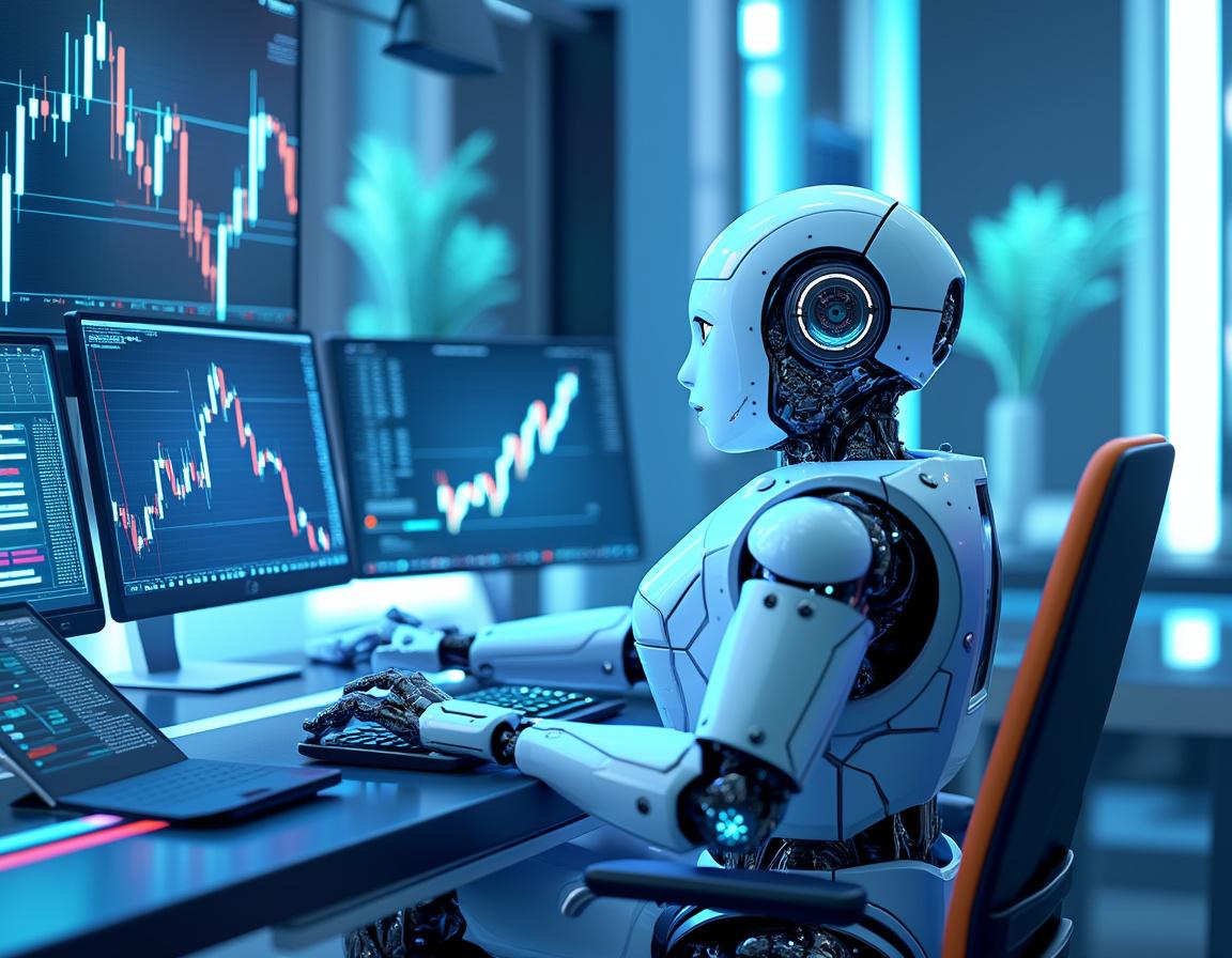 A hyper-realistic AI trading bot at a futuristic workstation analyzing stock and crypto market data.