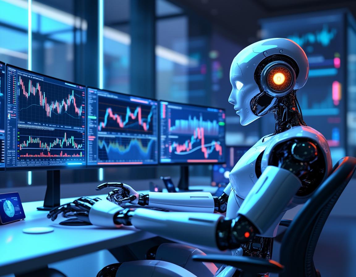 A humanoid AI trading bot analyzing market data at a high-tech workstation with multiple screens.