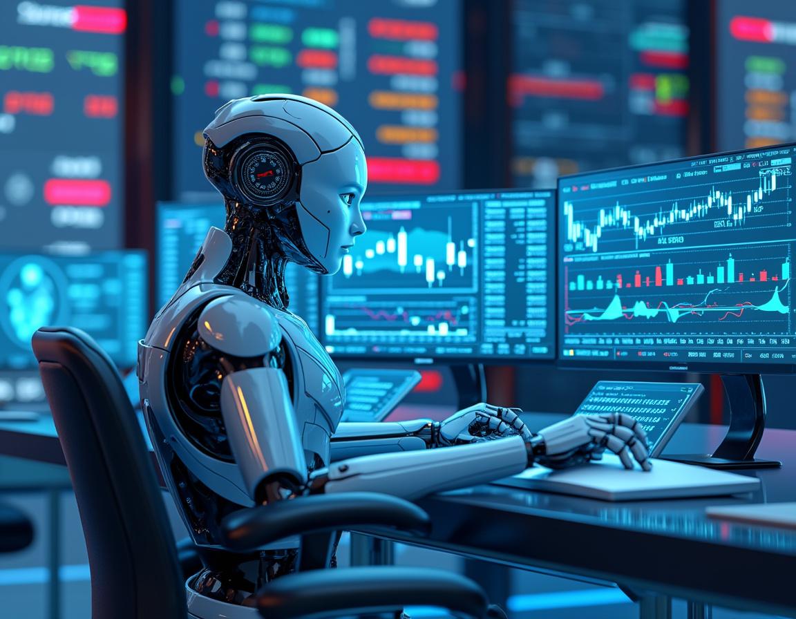 A humanoid AI trading bot at a high-tech workstation analyzing market data on multiple screens.