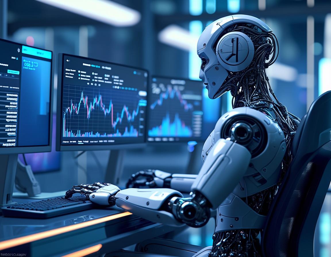 A hyper-realistic AI trading bot at a workstation analyzes market data across multiple screens.