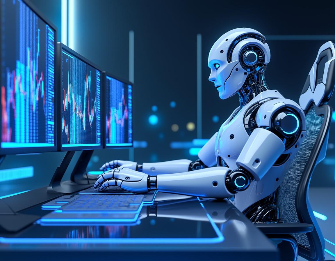 A humanoid AI trading bot analyzes market data at a high-tech workstation, with multiple screens.