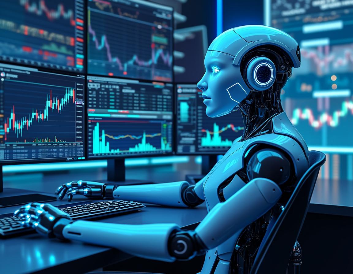 A hyper-realistic AI trading bot at a futuristic workstation analyzing crypto and stock market data.