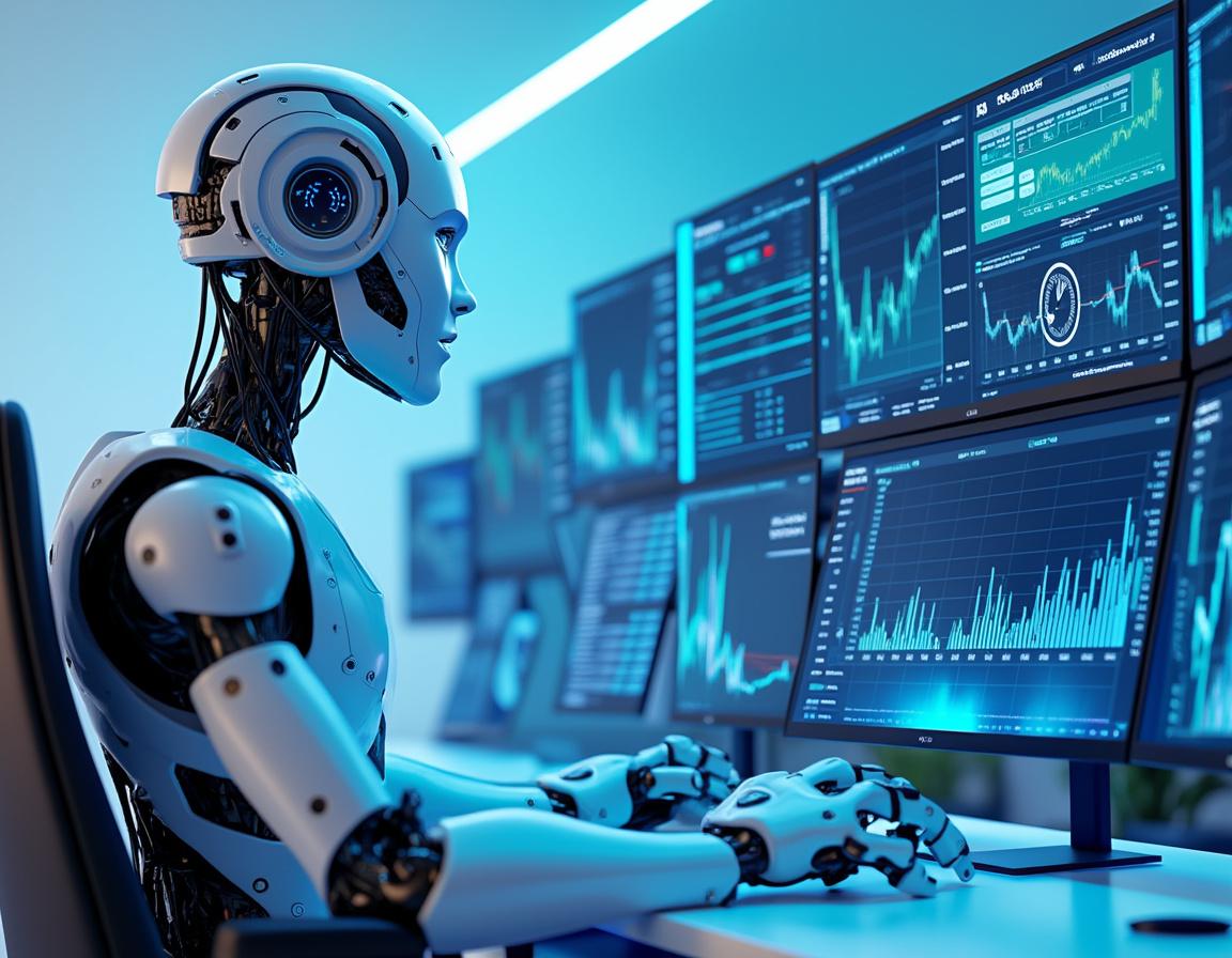 A hyper-realistic AI-powered trading bot at a workstation analyzing market data on multiple screens.