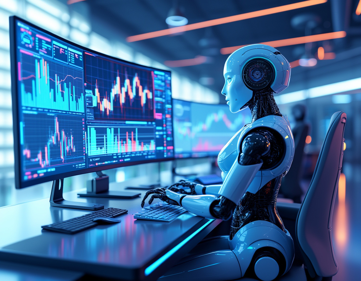 A humanoid AI trading bot at a sleek workstation monitors multiple screens in a futuristic setting.